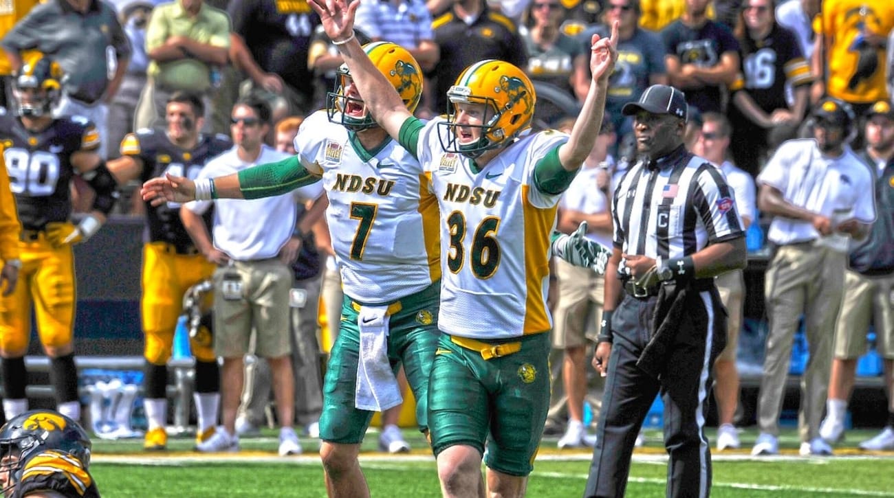 NDSU's Cam Pedersen celebrates his 37-yard field goal as time expired to beat No. 11 Iowa 23-21 on Sept. 17, 2016. (Photo: NDSU Athletics)