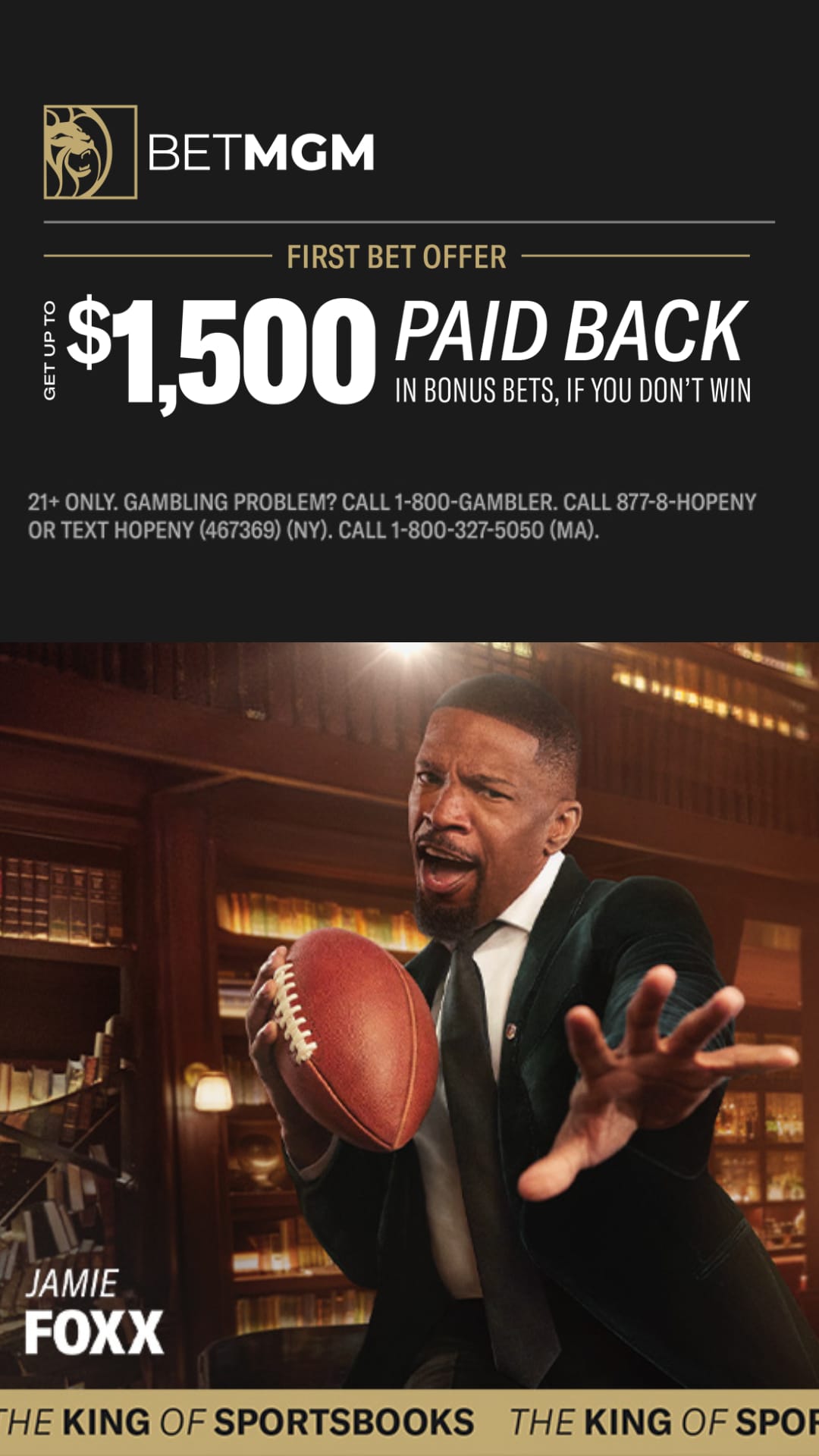 Actor Jamie Foxx on the $1500 Welcome Offer BetMGM's banner.