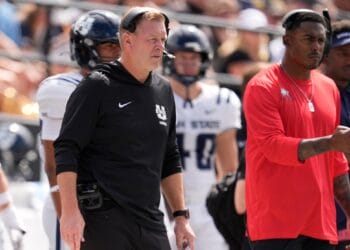 Utah State head coach Bronco Mendenall