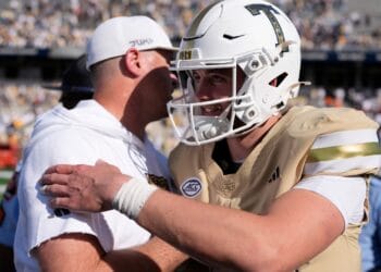 Georgia Tech quarterback Haynes King and Georgia Tech head coach Brent Key